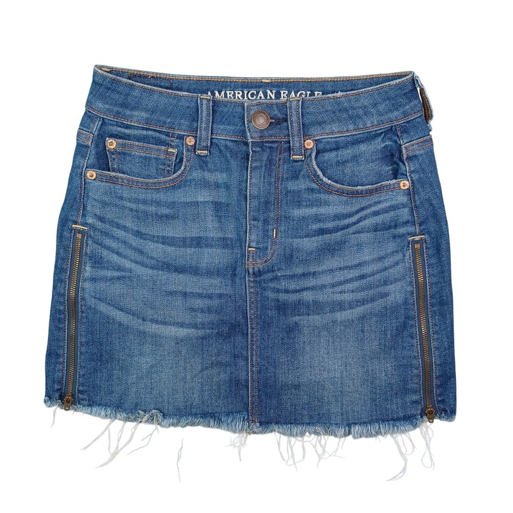 American Eagle Next Level Stretch X Hi-Rise Denim Mini Skirt Size 0 Zipper Slits